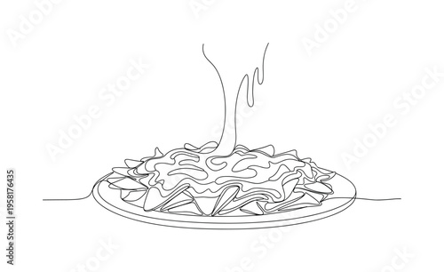 Nachos With Cheese Drizzle. Minimalistic one-line drawing nacho chips on a platter with flowing cheese drizzle over the top, continuous single black line on