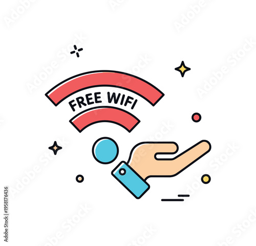Free WiFi availability icon showing a bold wireless symbol combined with a small open hand gesture accent, symbolizing public access and welcome connectivity.