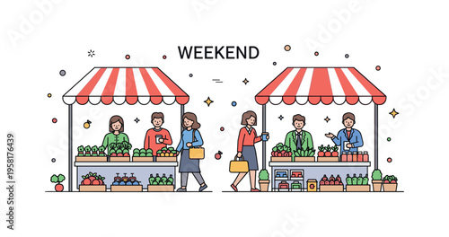 Weekend outdoor market scene with shoppers browsing fresh produce and small artisanal goods, tiny stars and subtle dots adding lively and inviting energy to