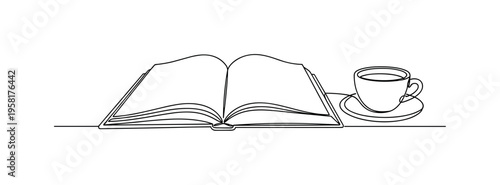 Book and Coffee. Minimalistic one-line drawing open book placed beside a small cup symbolizing relaxed reading time, continuous single black line on white