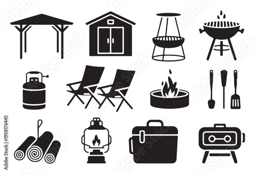 Black backyard camping equipment collection includes charcoal grill chairs campfire lantern and outdoor gazebo