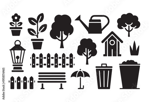 Set of various gardening and outdoor items including trees, plants, fence, watering can, and birdhouse