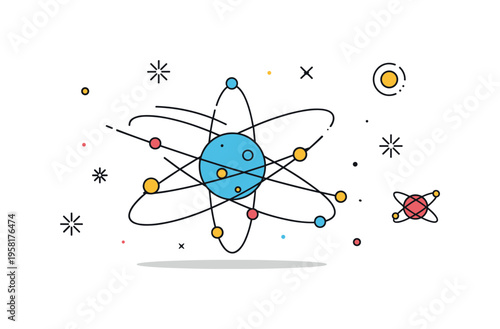 Quantum inspired abstract painting canvas displaying stylized orbital paths and glowing particles while small decorative spark icons suggest discovery and