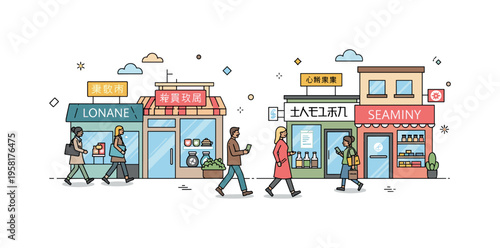 Street scenes reflecting multicultural interactions with pedestrians walking past storefronts displaying multilingual signs and diverse products, illustrating
