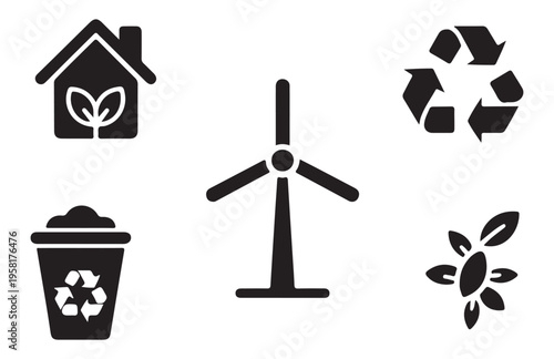 Eco friendly energy icons set with wind turbine recycle symbol green house and organic leaf design elements