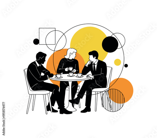 friends chatting over coffee at cafe table abstract circles lines and geometric shapes representing social interaction in local cafe black and white retro