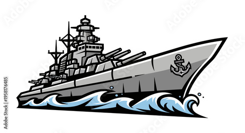 Stylized cartoon battleship illustration sailing on blue waves with an anchor on the bow, depicting naval power.