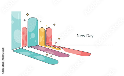 Morning light through decorative glass panels casting layered color shadows on a simple floor shape. A gentle ?New Day? caption highlights renewal and optimism