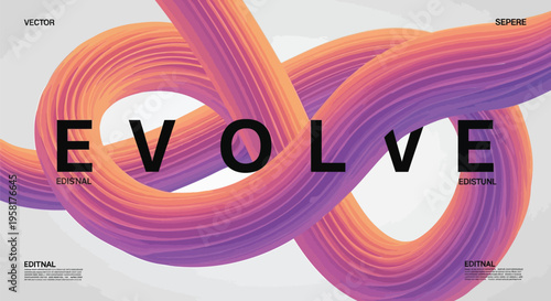 Abstract 3D fluid wave background with Evolve text, vibrant orange and purple gradient twisted ribbon, modern vector graphic for editorial design