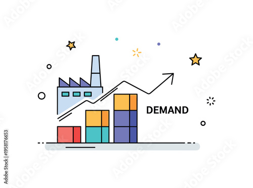 Production growth factory icon increasing output boxes while demand arrow rises to meet it. A balanced concept badge about scaling supply to match consumer