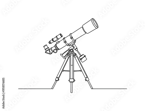 Astronomy Telescope On Tripod. Minimalistic one-line drawing astronomy telescope mounted on a tripod aimed toward the sky for stargazing, continuous single