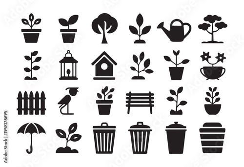 Collection of various garden elements including plants, trees, watering can, fence, bird and bin icons