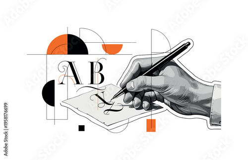 artist's hand sketching letters with geometric highlights abstract semicircles lines and geometric blocks symbolizing precise calligraphy technique black and