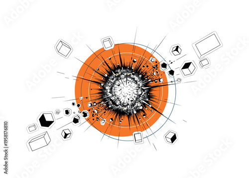 black and white exploding supernova star with radiating fragments, large orange circle behind the explosion symbolizing intense cosmic energy, thin geometric