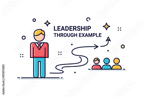 Leadership through example stylized figure at the front of a simple path with minimal followers behind, connected by a flowing line of direction. A compact