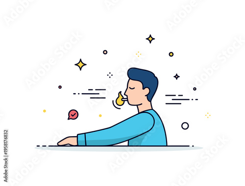 Relaxation techniques illustrated by a person doing deep breathing exercises with small motion lines and tiny floating stars, suggesting calm, mental clarity,