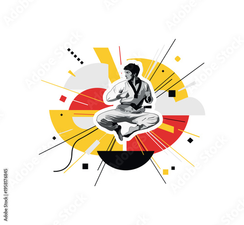 taekwondo practitioner mid-jump kick abstract semicircles lines and geometric blocks symbolizing agility and strength black and white retro human figure with