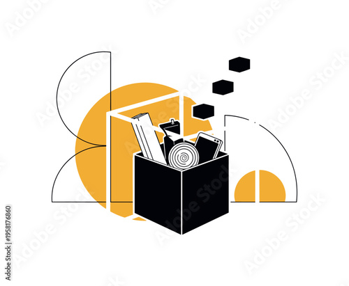 conceptual decluttering collage with a black and white box containing only a few simple objects, white cut-out outline around the box, bold mustard yellow