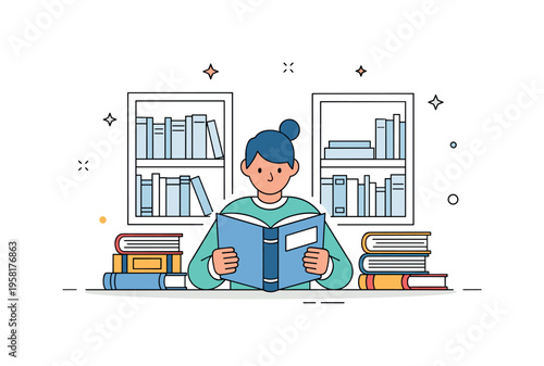 Peaceful library reading a person immersed in a book with simple shelves and stacked books around them creating the feeling of quiet intellectual exploration.