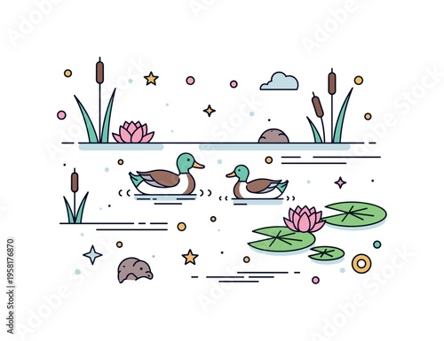 Rural farmyard pond with ducks gliding gently, tiny floating stars, decorative reeds, and lily pads highlighting tranquility, nature, and harmonious animal