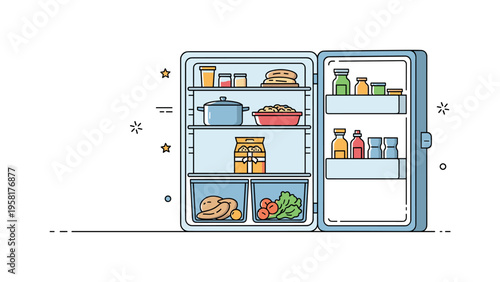 Daily kitchen routine centered on a tidy refrigerator interior with a single prepared leftover box placed in the middle like a small prize. Calm everyday