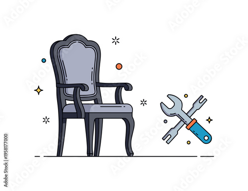 Restoring antique chair illustration showing a detailed chair silhouette alongside a small repair tool icon, expressing care for heritage and craftsmanship.