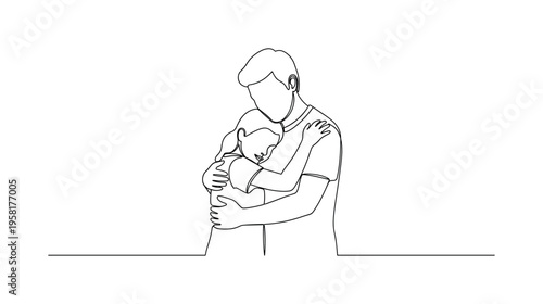 Caring Embrace. Minimalistic one-line drawing adult hugging child representing emotional care and support for orphans, continuous single black line on white