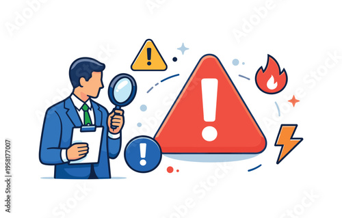 Risk manager warning triangle expressed through a professional figure assessing a bold warning triangle surrounded by small alert icons, symbolizing foresight,