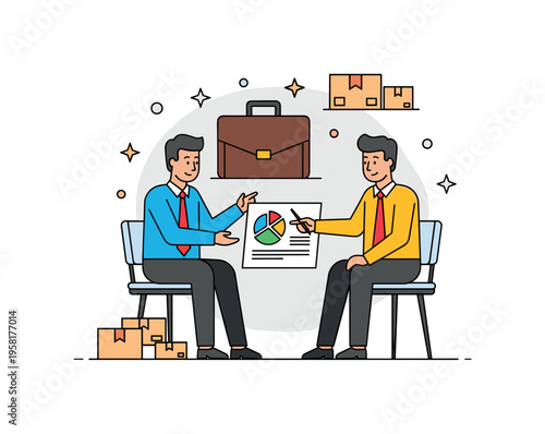 Trade negotiation meeting two business partners discussing a small chart while a briefcase and shipping icons appear beside them. The scene represents planning