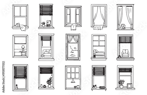 Minimalist window illustrations set featuring different shutters curtains and furniture for building facades