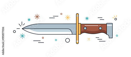 Vintage bayonet blade historic steel blade with mounting ring and handle guard highlighted by small decorative spark icons suggesting craftsmanship and