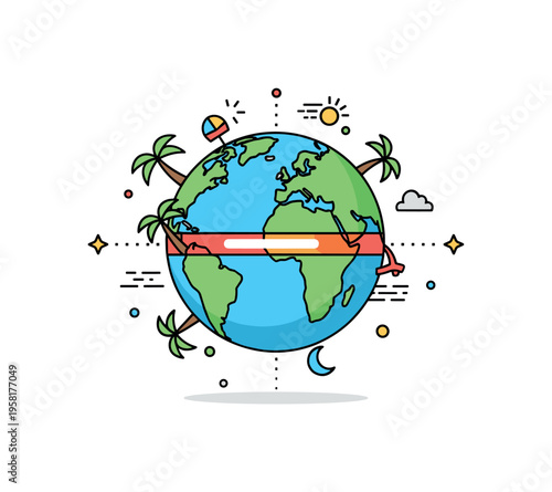 Equator world map detail where a small globe displays a highlighted central band surrounded by subtle tropical icons. The scene conveys the warm belt of the