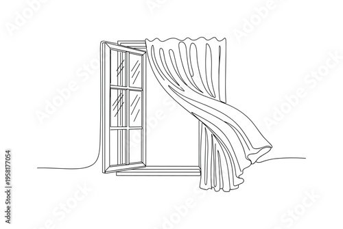 Window Light Tranquility. Minimalistic one-line drawing open window with flowing curtain bringing calm light into a quiet room, continuous single black line on