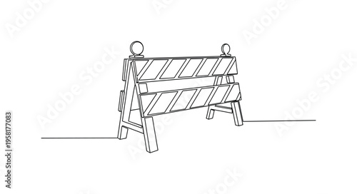 Street Construction Barricade. Minimalistic one-line drawing barricade placed across street for maintenance or construction, continuous single black line on