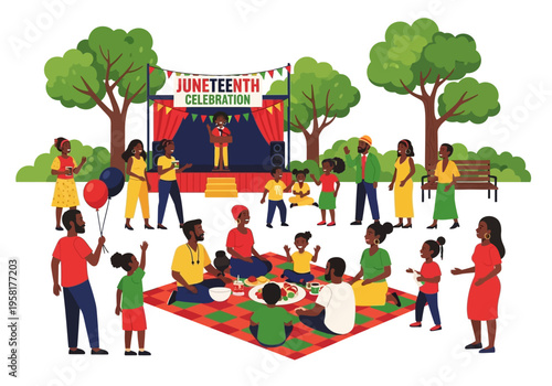 Diverse group of people celebrating Juneteenth with joy and community spirit.