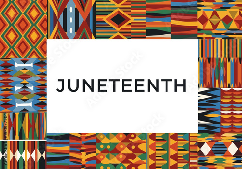 Juneteenth text overlay on vibrant Kente cloth pattern background.