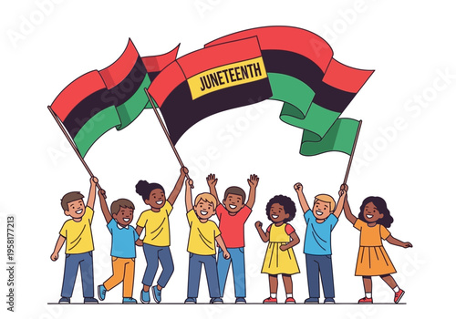Diverse group of children celebrating Juneteenth with flags.
