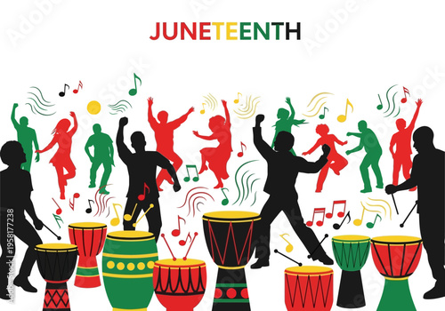 Juneteenth Celebration with Drums and Dancing Silhouettes.