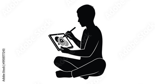 Black silhouette of a boy drawing on a tablet, digital illustration, graphic design element, kid with a stylus