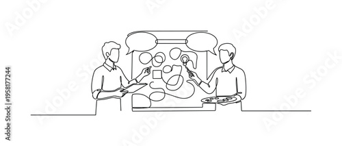 Creative Exchange. Minimalistic one-line drawing artists discussing ideas while working on shared artwork, continuous single black line on white background,