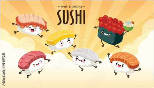 Vintage food poster design with sushi character 