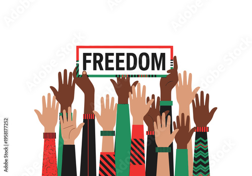 Diverse group of hands raised holding a sign that says freedom.