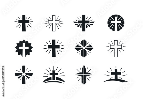 church festivals. Icon set. Set Logo of church festivals: cross with rays. harmonious logo variations of the same emblematic concept, each with different