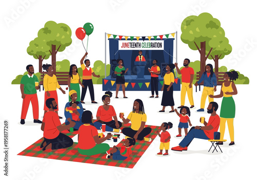 Diverse group of people celebrating Juneteenth outdoors with food and music.