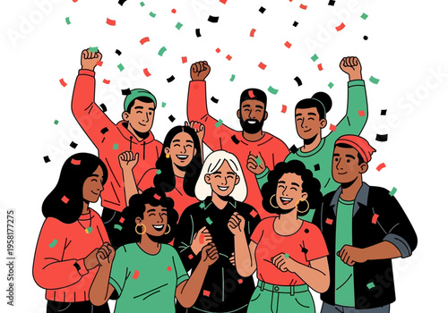 Diverse group of happy people celebrating with confetti.