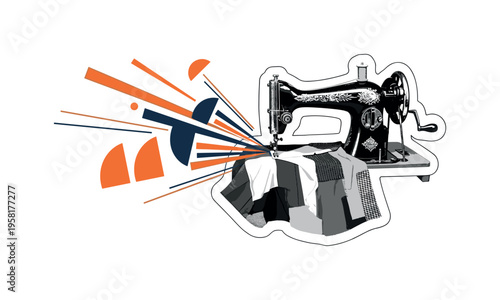 black and white sewing machine creating a garment from recycled fabric pieces, white contour outline around machine and cloth, geometric semicircles and long