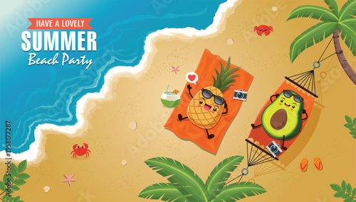 Vintage food poster design with pineapple, avocado character