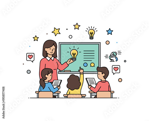 Respectful classroom environment teacher and students sharing ideas around a small board symbolizing cooperation, empathy and inclusive education. Soft