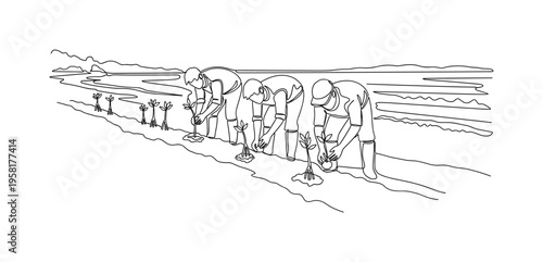 Eco Restoration Project. Minimalistic one-line drawing small group planting mangrove seedlings along a coastal area, continuous single black line on white
