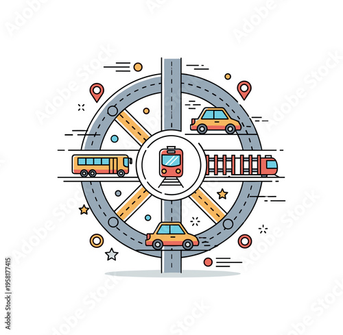 Urban mobility network a stylized grid of roads and rail lines linking a bus train and car icon around a central hub, expressing efficient city transportation